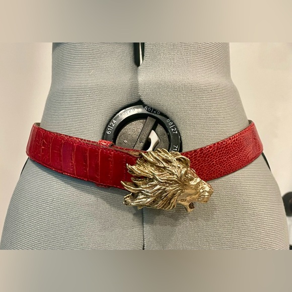 Ostrich Skin belt with Gold Lion Buckle, red, 31”L, EUC - Picture 12 of 12